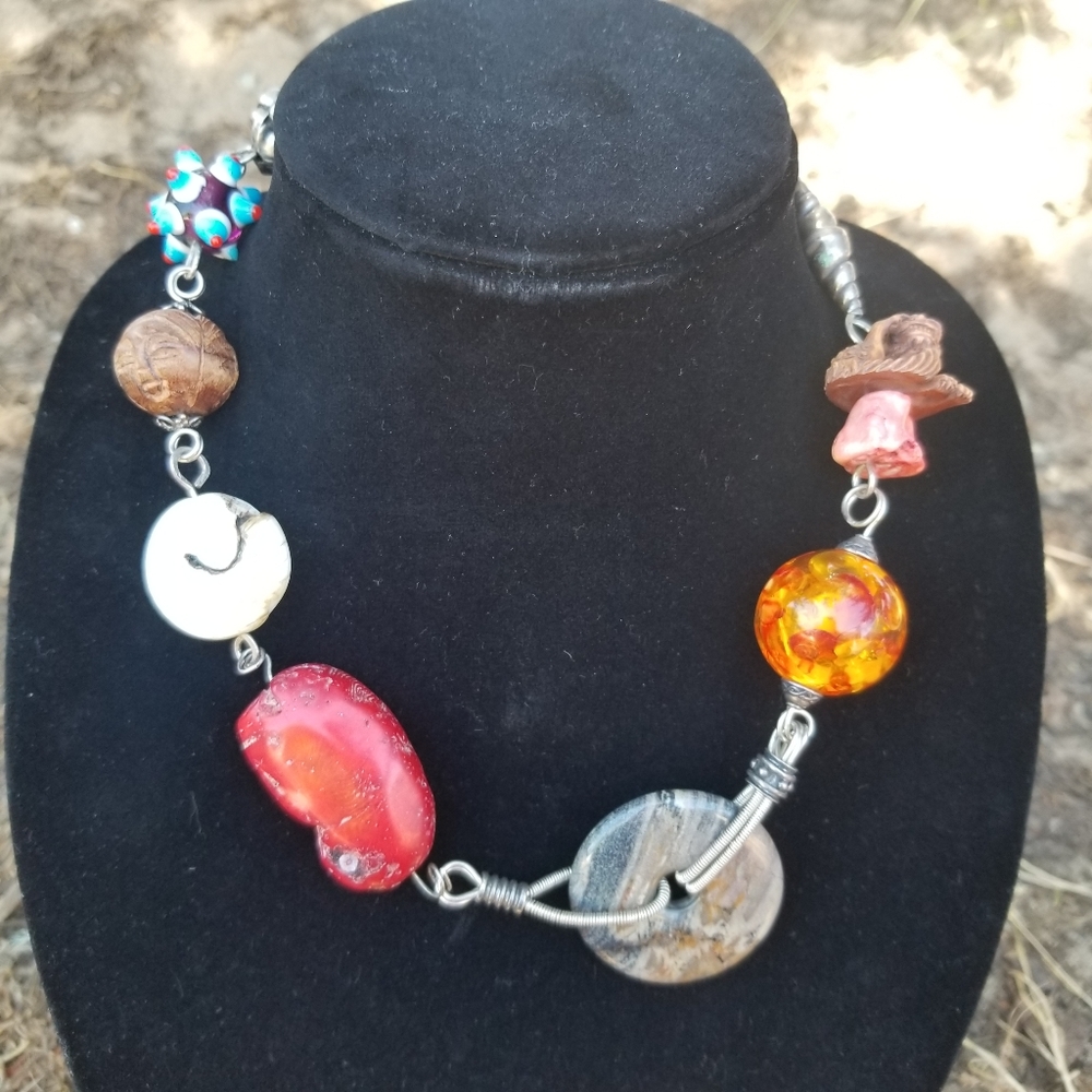 Vintage  Chunky Artisan Statement Necklace Multi Stones, Lucite, wood and Metal